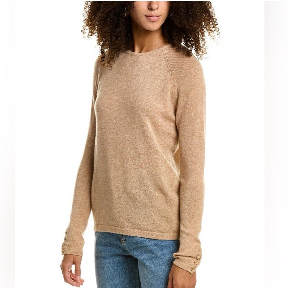 J. McLaughlin Jamey Tan Crew Neck Cashmere Sweater with Button Sleeve Accents M - Picture 1 of 11